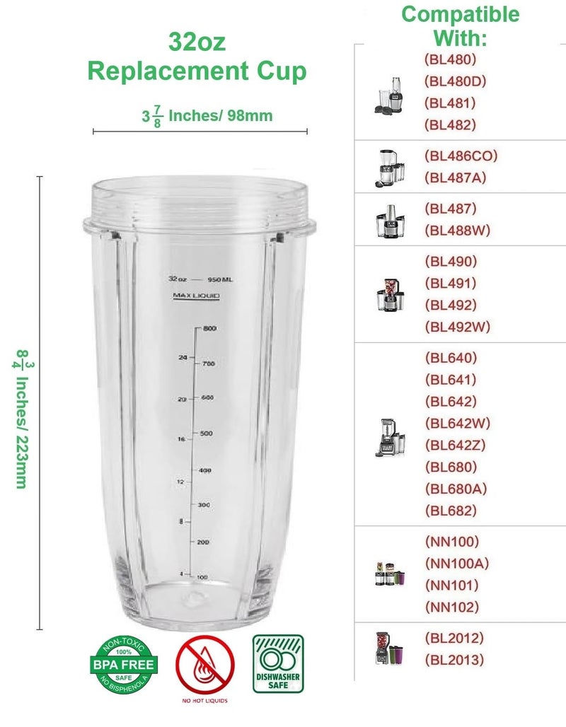 Blendin 32 Ounce Cup with Sip N Seal To Go Lids - Extra Large Replacement Jar Compaible with Nutri Ninja Auto-iQ 1000W and Duo Blenders - Premium Blender Cups Replacement (2 Pack) - Image 5
